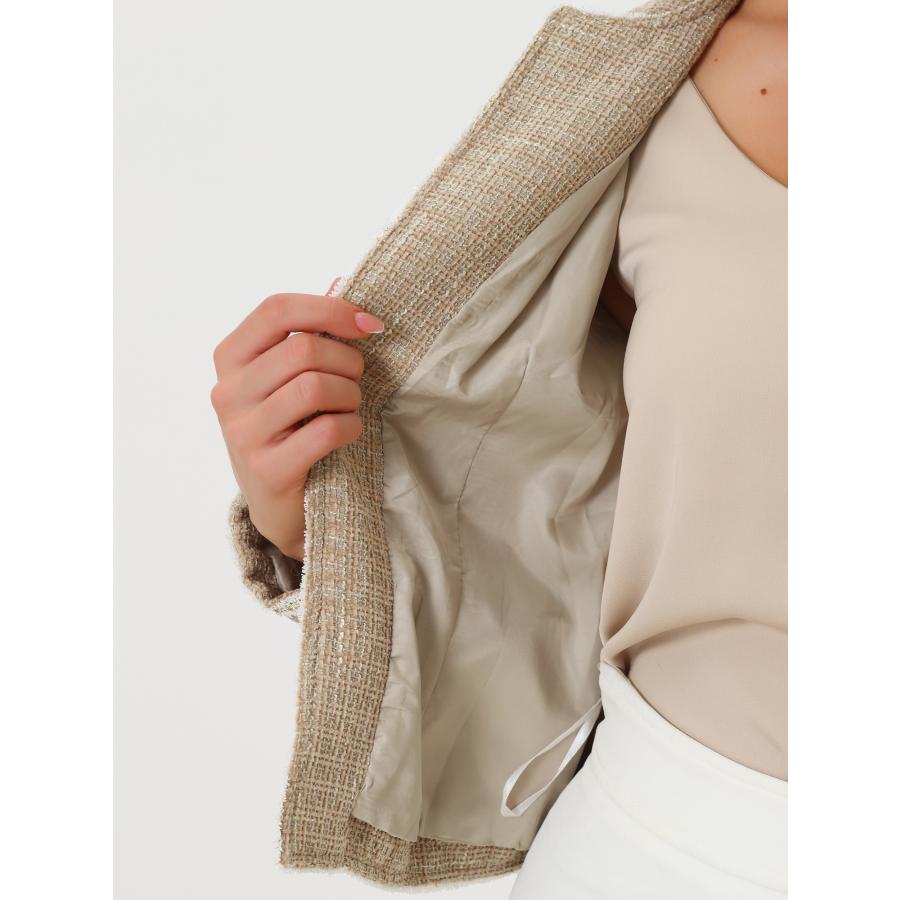 Allegra K ツイードチェック柄ブレザー ショートジャケット 長袖 オープンフロント ハロウィン衣装 ワーク オフィス レディース カーキxL - 画像 (5)