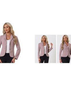 Allegra K ジャケット スーツブレザー ラペルカラー ビジネス 通勤 オフィス 伸縮性 レディース ダーティーピンク L