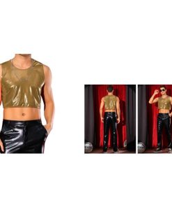 Lars Amadeus メンズ 光沢 タンクトップ ノースリーブTシャツ パーティーディスコ メタリック クロップベスト 金色 L