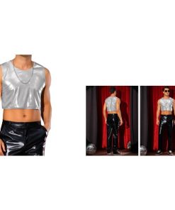 Lars Amadeus メンズ 光沢 タンクトップ ノースリーブTシャツ パーティーディスコ メタリック クロップベスト シルバー S