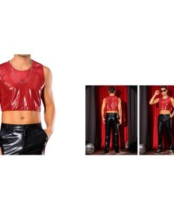 Lars Amadeus メンズ 光沢 タンクトップ ノースリーブTシャツ パーティーディスコ メタリック クロップベスト レッド S