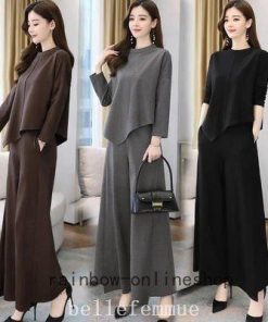 レディースセットアップスパンツ秋冬30代40代50代無地上下セットきれいめファッションゆったり通勤OLママ大きいサイズ