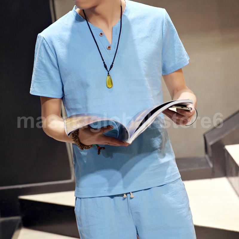 【値下げ】セットアップ 夏 上下セット メンズ カジュアル 父の日 部屋着 薄手 ゆったり リネン 通気性 接触冷感 普段着 通学 大人 無地 シンプル - 画像 (3)