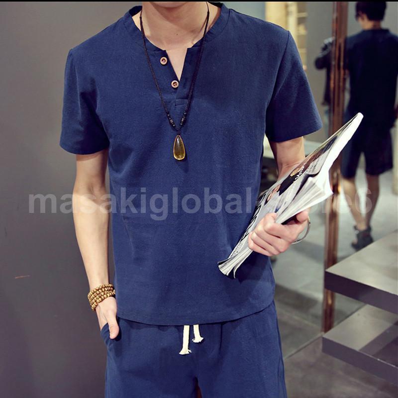 【値下げ】セットアップ 夏 上下セット メンズ カジュアル 父の日 部屋着 薄手 ゆったり リネン 通気性 接触冷感 普段着 通学 大人 無地 シンプル - 画像 (4)