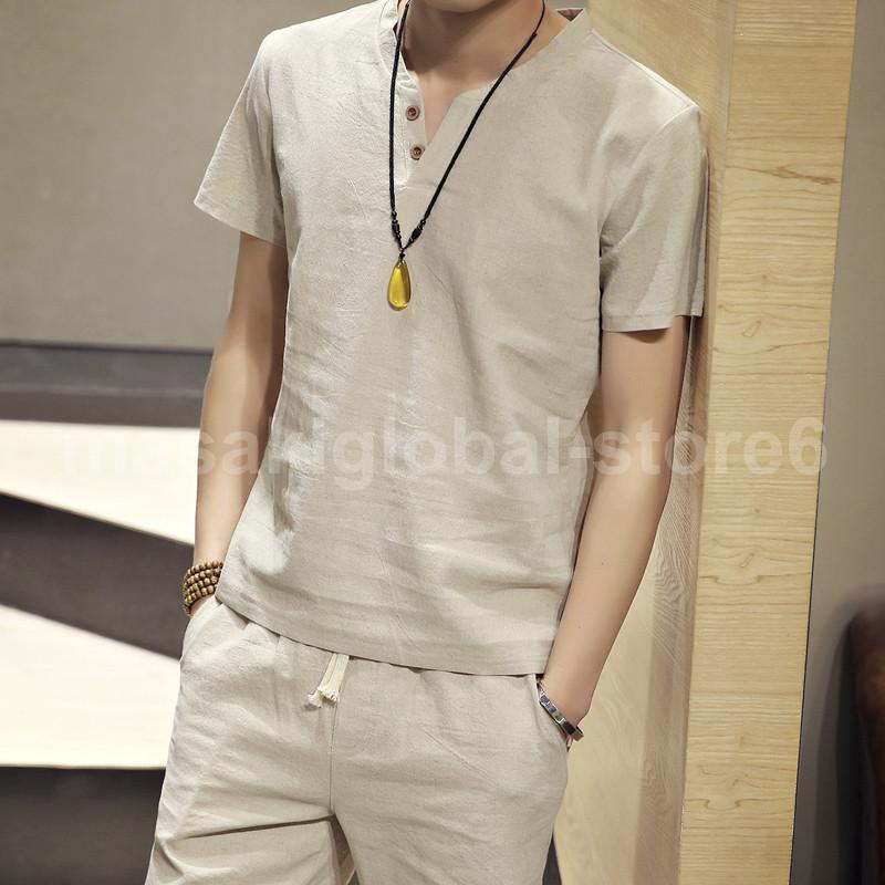 【値下げ】セットアップ 夏 上下セット メンズ カジュアル 父の日 部屋着 薄手 ゆったり リネン 通気性 接触冷感 普段着 通学 大人 無地 シンプル - 画像 (6)