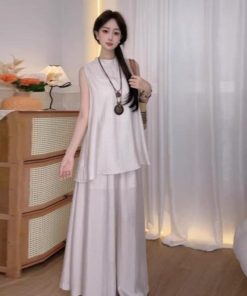 セットアップ レディース カジュアル 夏 きれいめ おしゃれ ワイドパンツ ２点セット 体型カバー ノースリーブ トップス ハイウエスト