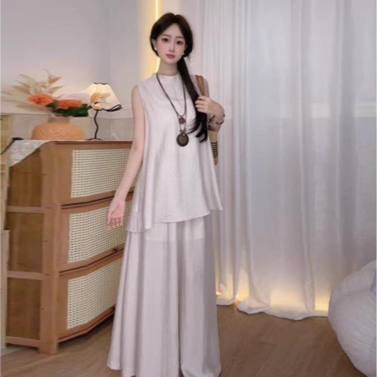 セットアップ レディース カジュアル 夏 きれいめ おしゃれ ワイドパンツ 2点セット 体型カバー ノースリーブ トップス ハイウエスト