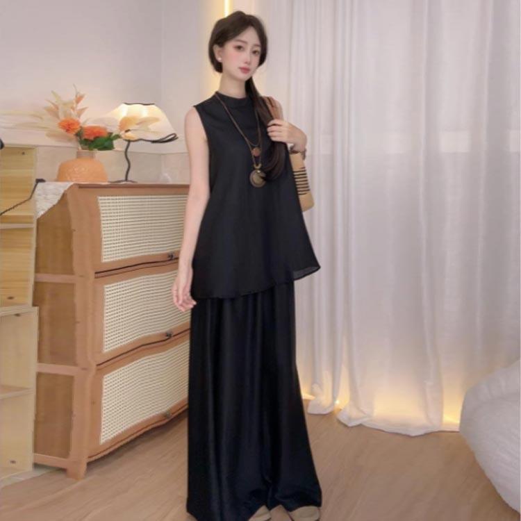 セットアップ レディース カジュアル 夏 きれいめ おしゃれ ワイドパンツ 2点セット 体型カバー ノースリーブ トップス ハイウエスト - 画像 (2)