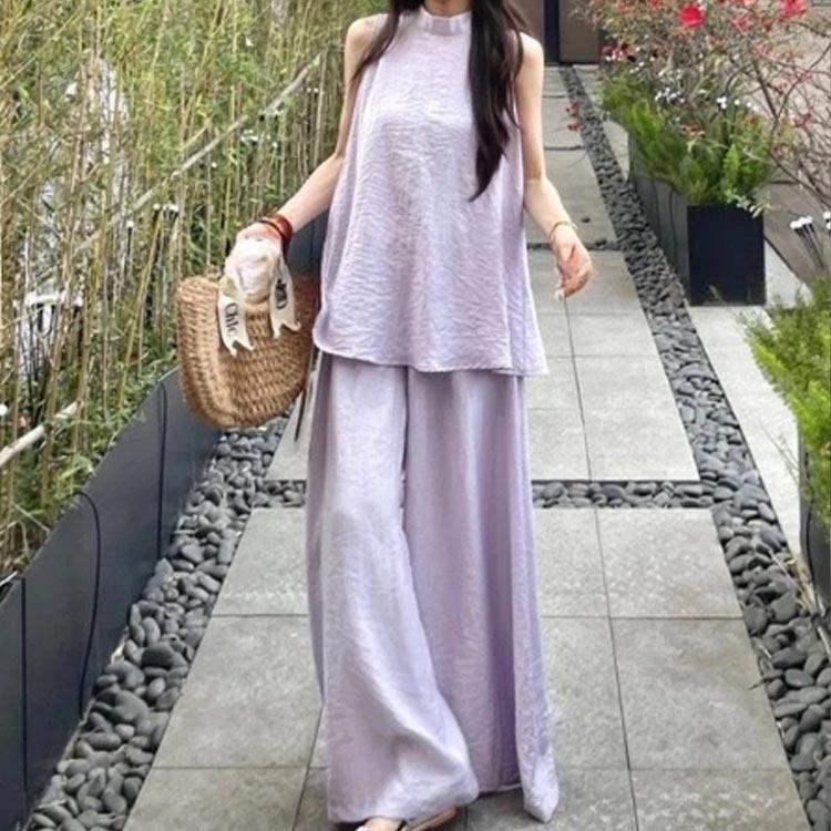 セットアップ レディース カジュアル 夏 きれいめ おしゃれ ワイドパンツ 2点セット 体型カバー ノースリーブ トップス ハイウエスト - 画像 (4)