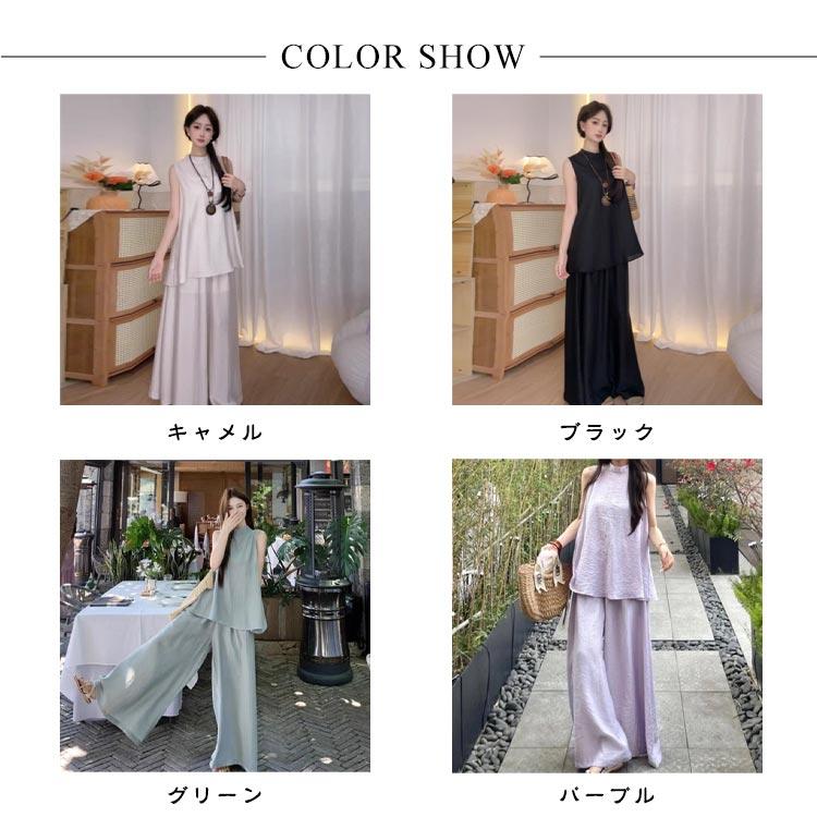 セットアップ レディース カジュアル 夏 きれいめ おしゃれ ワイドパンツ 2点セット 体型カバー ノースリーブ トップス ハイウエスト - 画像 (6)