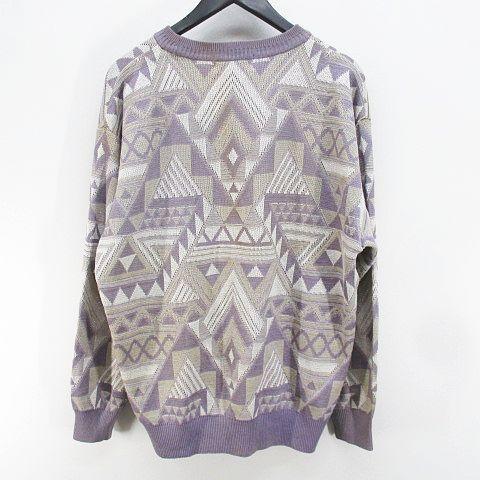ジャックニコラウス Jack Nicklaus 長袖 ニット セーター L 紫 パープル系 幾何学模様 総柄 メンズ