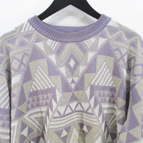 ジャックニコラウス Jack Nicklaus 長袖 ニット セーター L 紫 パープル系 幾何学模様 総柄 メンズ - 画像 (3)