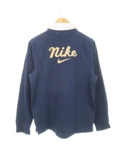 NIKE ナイキ ラガーシャツ トレーナー 長袖 ハーフボタン ロゴ刺繍 M 紺 ネイビー /AH5 ■GY18 メンズ