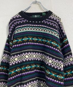 Hunt Club ウール ニット セーター L ブラック ホワイト パープル グリーン 総柄 古着卸 アメリカ仕入 a611-7553