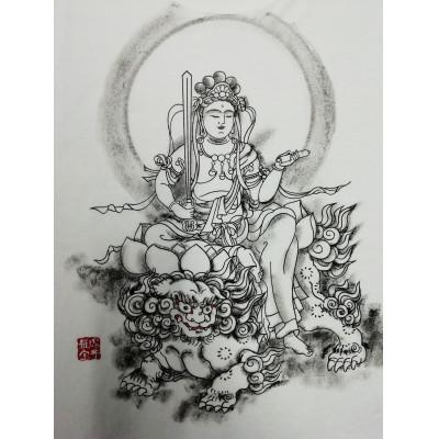 ふるさと納税 和泉市 手描きTシャツ 仏画 文殊菩薩 白 (半袖 Mサイズ) - 画像 (2)