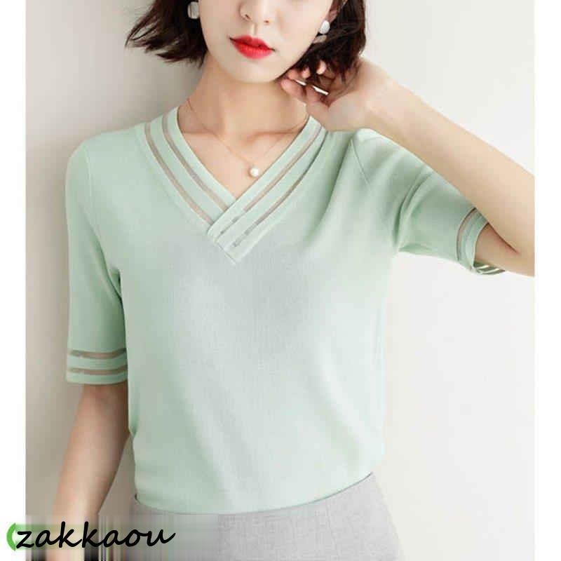 Tシャツ レディース 40代 春夏新作 オシャレ半袖トップス 白ニットソー カジュアル韓国風 通勤 UVカット薄手ニッソー 白Vネック 大人 ゆったり