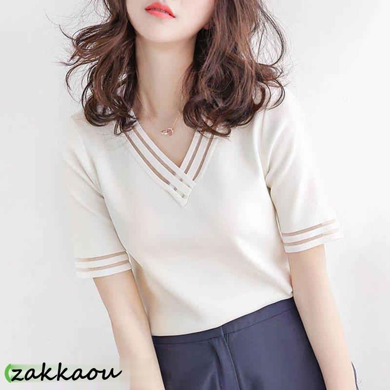 Tシャツ レディース 40代 春夏新作 オシャレ半袖トップス 白ニットソー カジュアル韓国風 通勤 UVカット薄手ニッソー 白Vネック 大人 ゆったり - 画像 (2)