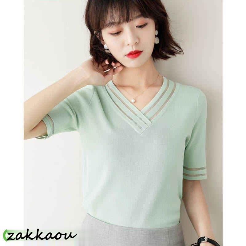 Tシャツ レディース 40代 春夏新作 オシャレ半袖トップス 白ニットソー カジュアル韓国風 通勤 UVカット薄手ニッソー 白Vネック 大人 ゆったり - 画像 (3)