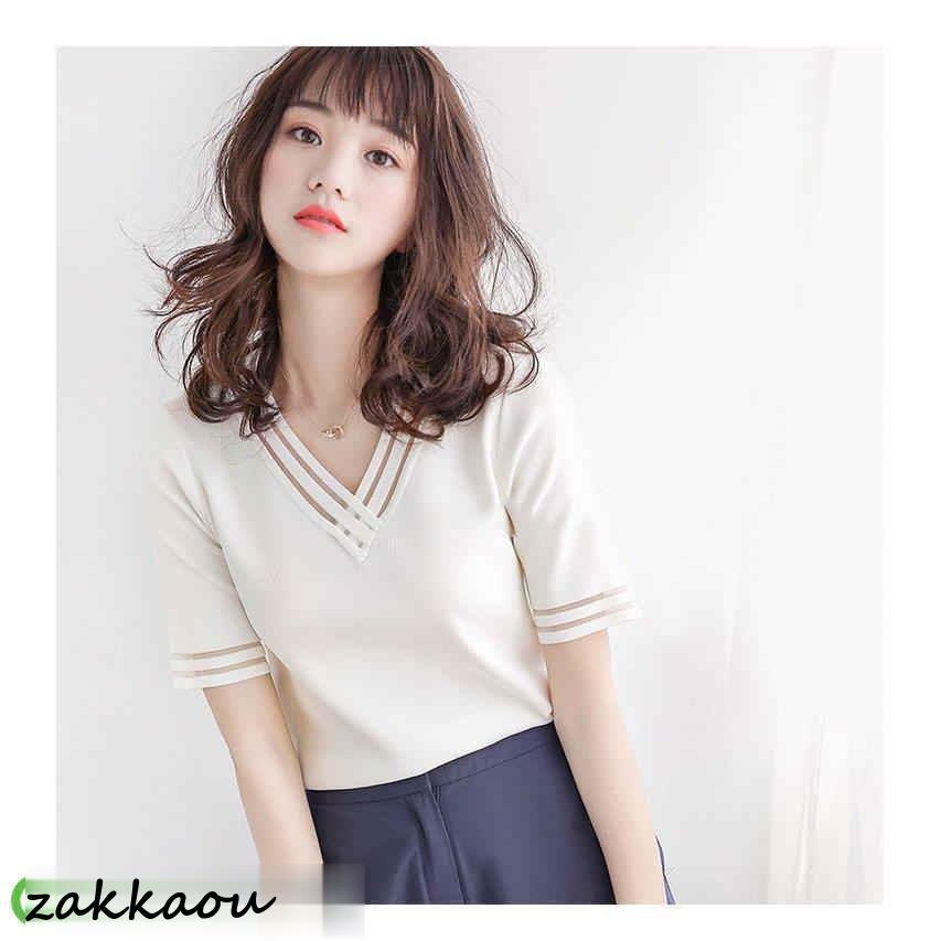 Tシャツ レディース 40代 春夏新作 オシャレ半袖トップス 白ニットソー カジュアル韓国風 通勤 UVカット薄手ニッソー 白Vネック 大人 ゆったり - 画像 (5)