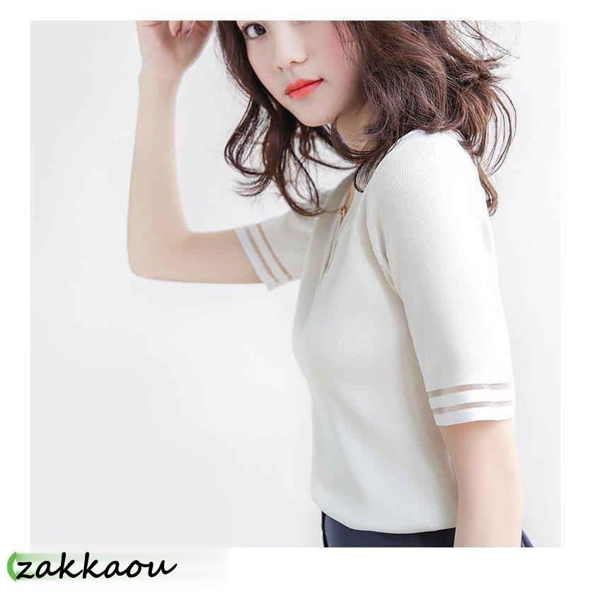 Tシャツ レディース 40代 春夏新作 オシャレ半袖トップス 白ニットソー カジュアル韓国風 通勤 UVカット薄手ニッソー 白Vネック 大人 ゆったり - 画像 (7)