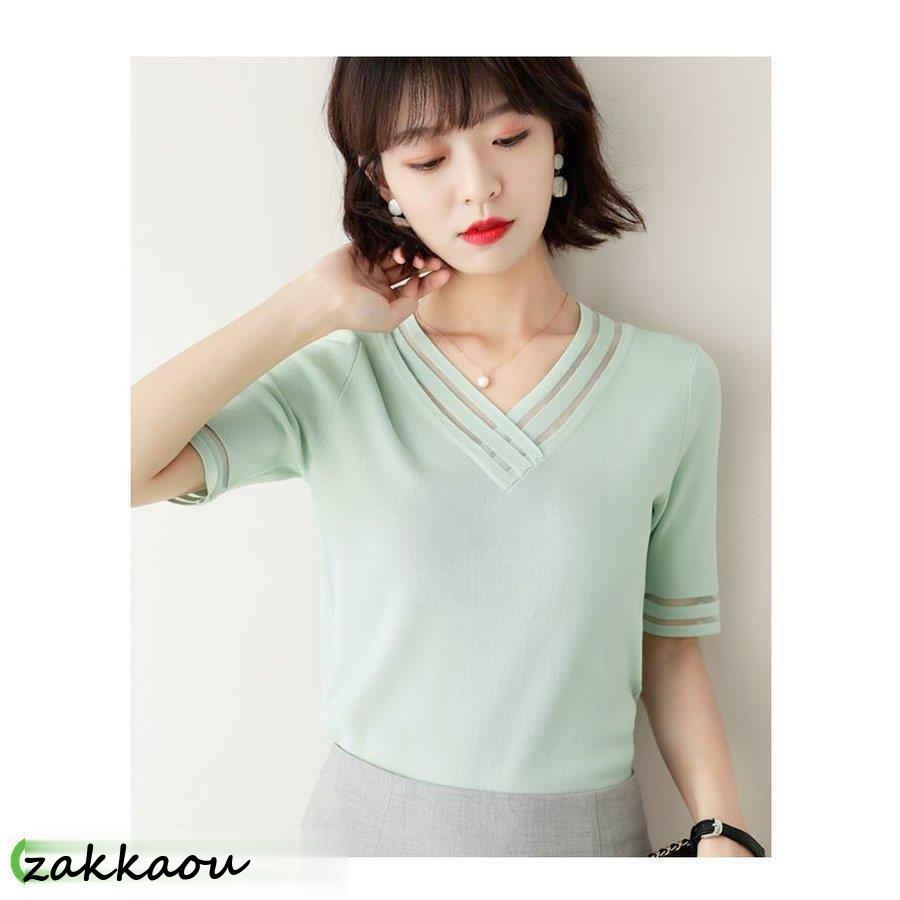 Tシャツ レディース 40代 春夏新作 オシャレ半袖トップス 白ニットソー カジュアル韓国風 通勤 UVカット薄手ニッソー 白Vネック 大人 ゆったり - 画像 (8)