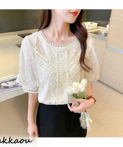 ブラウス レディース 30代 40代 春夏新作 オシャレブラウス 白レースシャツ 半袖トップス シフォン パフスリーブブラウス 大人上品 ゆったり 通勤 OL